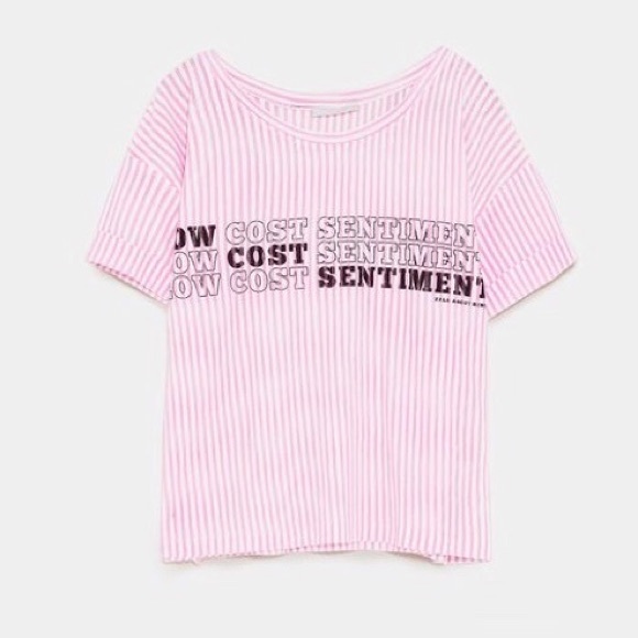 Zara Pink Semi-Sheer Striped Graphic Print Tee - Picture 6 of 7